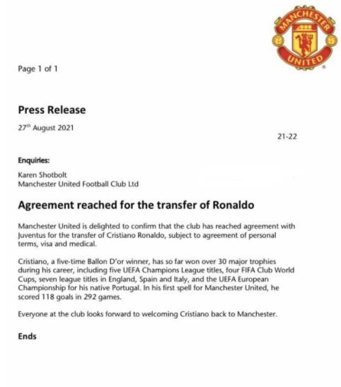 总裁回家!曼联官方:C罗重返曼联签约两年 总裁回家!曼联官方:C罗重返曼联签约两年