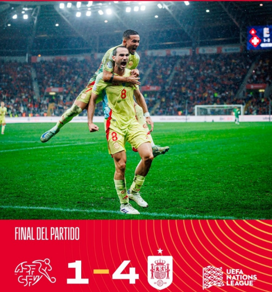  欧国联-十人西班牙4-1瑞士 法比安双响何塞卢传射勒诺尔芒染红