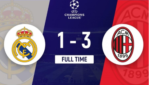 欧冠-皇马1-3米兰各赛事两连败！莫拉塔赖因德斯破门 维尼修斯点射