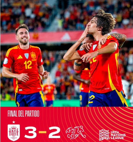 欧国联-西班牙3-2瑞士2024年12胜1平全年不败 萨拉戈萨补时点杀