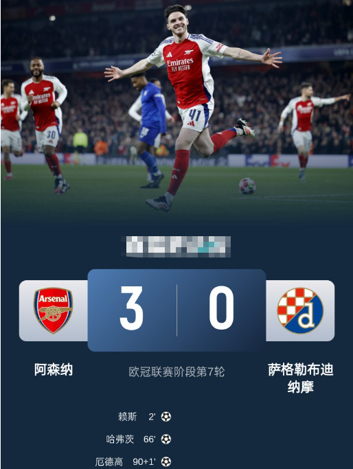 欧冠-阿森纳3-0萨格勒布迪纳摩末轮不败即直通！ 哈弗茨传射